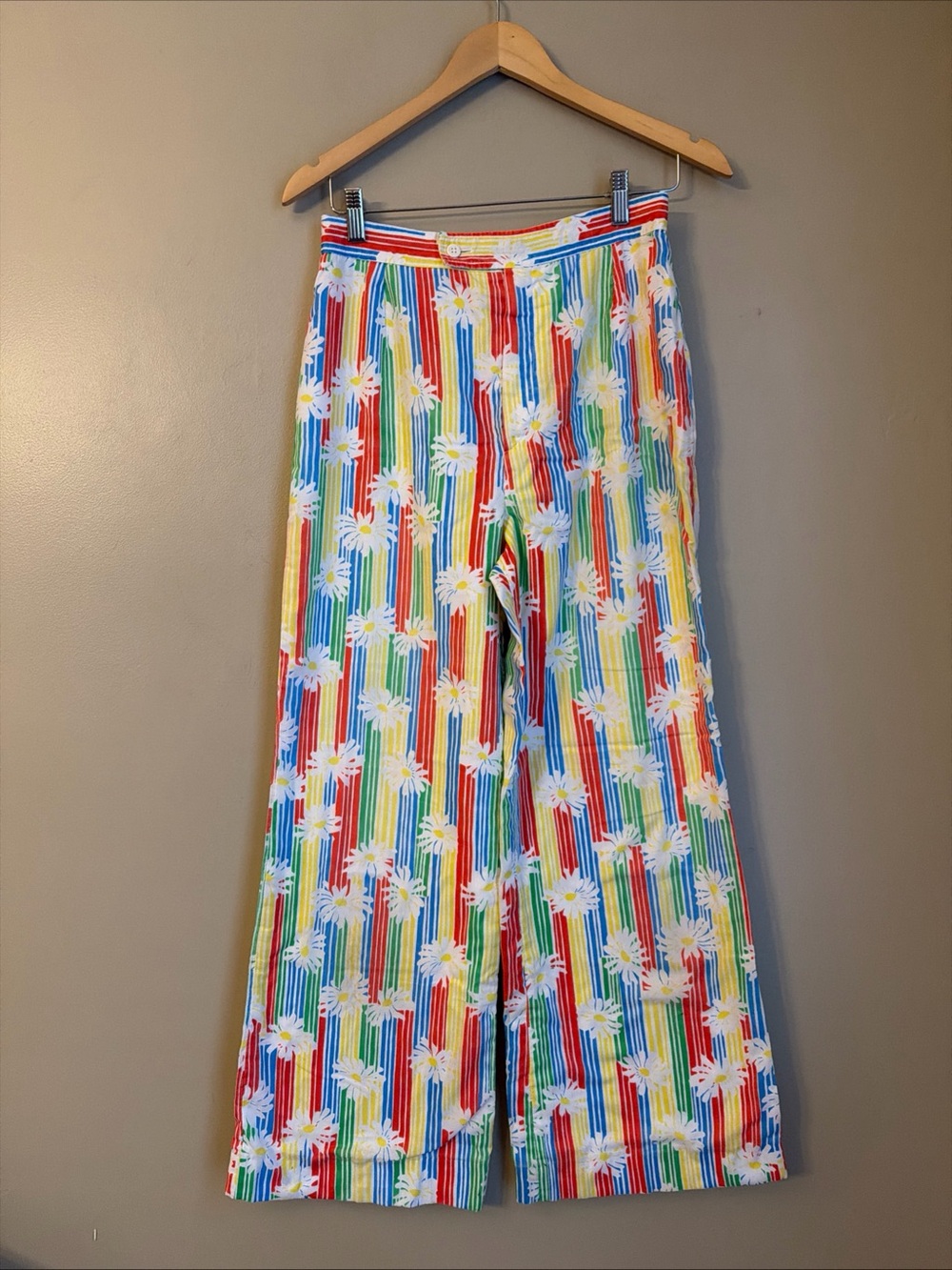 Vtg 70s Ah! Austin Hill Pants Flowers Daisies Rainbow Pride Wide Leg High Rise